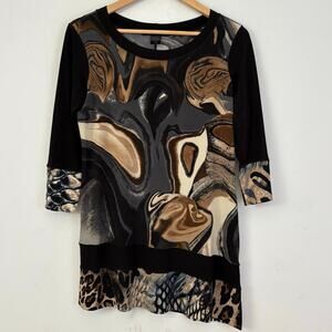 Eva Varro Abstract Print Tunic Top Black Brown Stretch Women’s M Handcrafted USA